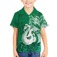 New Zealand Matariki Family Matching Off Shoulder Maxi Dress and Hawaiian Shirt Maori Manaia Galaxy Silver Fern Green Color LT22 Son's Shirt Green - Polynesian Pride