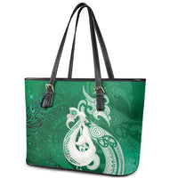 New Zealand Matariki Leather Tote Bag Maori Manaia Galaxy Silver Fern Green Color