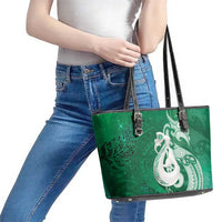 New Zealand Matariki Leather Tote Bag Maori Manaia Galaxy Silver Fern Green Color