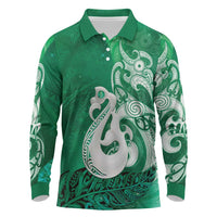 New Zealand Matariki Long Sleeve Polo Shirt Maori Manaia Galaxy Silver Fern Green Color