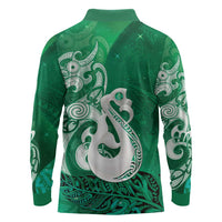 New Zealand Matariki Long Sleeve Polo Shirt Maori Manaia Galaxy Silver Fern Green Color