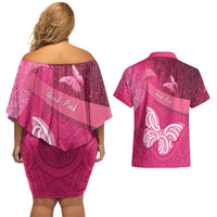 New Zealand Breast Cancer Awareness Couples Matching Off Shoulder Short Dress and Hawaiian Shirt Pink Ribbon Butterfly Maori Pattern LT22 - Polynesian Pride