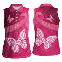 New Zealand Breast Cancer Awareness Women Sleeveless Polo Shirt Pink Ribbon Butterfly Maori Pattern