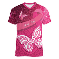 New Zealand Breast Cancer Awareness Women V-Neck T-Shirt Pink Ribbon Butterfly Maori Pattern LT22 Female Pink - Polynesian Pride