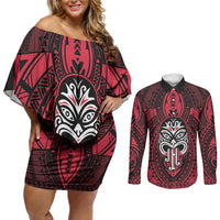 New Zealand Maori Language Week Couples Matching Off Shoulder Short Dress and Long Sleeve Button Shirt Te Wiki O Te Reo Maori Hei Tiki LT22 Red - Polynesian Pride