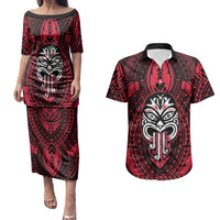 New Zealand Maori Language Week Couples Matching Puletasi and Hawaiian Shirt Te Wiki O Te Reo Maori Hei Tiki LT22 Red - Polynesian Pride