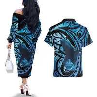 New Zealand Matariki Couples Matching Off The Shoulder Long Sleeve Dress and Hawaiian Shirt Maori Humpback Whale Galaxy LT22 - Polynesian Pride