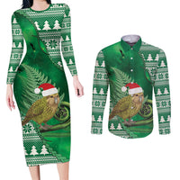 New Zealand Kakapo Christmas In July Couples Matching Long Sleeve Bodycon Dress and Long Sleeve Button Shirt Silver Fern Santa Xmas Green Color LT22 Green - Polynesian Pride