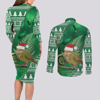 New Zealand Kakapo Christmas In July Couples Matching Long Sleeve Bodycon Dress and Long Sleeve Button Shirt Silver Fern Santa Xmas Green Color LT22 - Polynesian Pride