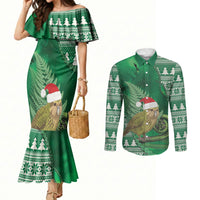 New Zealand Kakapo Christmas In July Couples Matching Mermaid Dress and Long Sleeve Button Shirt Silver Fern Santa Xmas Green Color LT22 Green - Polynesian Pride