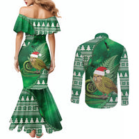 New Zealand Kakapo Christmas In July Couples Matching Mermaid Dress and Long Sleeve Button Shirt Silver Fern Santa Xmas Green Color LT22 - Polynesian Pride