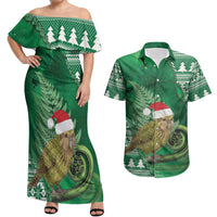 New Zealand Kakapo Christmas In July Couples Matching Off Shoulder Maxi Dress and Hawaiian Shirt Silver Fern Santa Xmas Green Color LT22 Green - Polynesian Pride