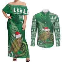 New Zealand Kakapo Christmas In July Couples Matching Off Shoulder Maxi Dress and Long Sleeve Button Shirt Silver Fern Santa Xmas Green Color LT22 Green - Polynesian Pride
