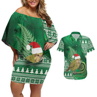 New Zealand Kakapo Christmas In July Couples Matching Off Shoulder Short Dress and Hawaiian Shirt Silver Fern Santa Xmas Green Color LT22 Green - Polynesian Pride