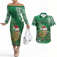 New Zealand Kakapo Christmas In July Couples Matching Off The Shoulder Long Sleeve Dress and Hawaiian Shirt Silver Fern Santa Xmas Green Color LT22 Green - Polynesian Pride