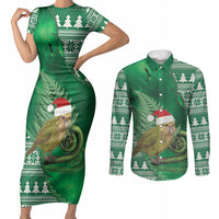 New Zealand Kakapo Christmas In July Couples Matching Short Sleeve Bodycon Dress and Long Sleeve Button Shirt Silver Fern Santa Xmas Green Color LT22 Green - Polynesian Pride