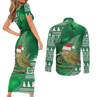 New Zealand Kakapo Christmas In July Couples Matching Short Sleeve Bodycon Dress and Long Sleeve Button Shirt Silver Fern Santa Xmas Green Color LT22 - Polynesian Pride