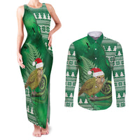 New Zealand Kakapo Christmas In July Couples Matching Tank Maxi Dress and Long Sleeve Button Shirt Silver Fern Santa Xmas Green Color LT22 Green - Polynesian Pride