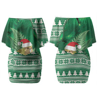 New Zealand Kakapo Christmas In July Family Matching Off Shoulder Short Dress and Hawaiian Shirt Silver Fern Santa Xmas Green Color LT22 Mom's Dress Green - Polynesian Pride