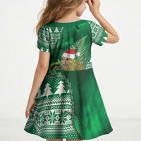 New Zealand Kakapo Christmas In July Kid Short Sleeve Dress Silver Fern Santa Xmas Green Color LT22 - Polynesian Pride