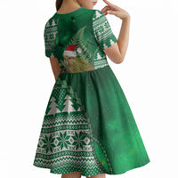 New Zealand Kakapo Christmas In July Kid Short Sleeve Dress Silver Fern Santa Xmas Green Color LT22 - Polynesian Pride