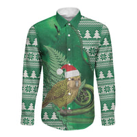 New Zealand Kakapo Christmas In July Long Sleeve Button Shirt Silver Fern Santa Xmas Green Color LT22 Unisex Green - Polynesian Pride