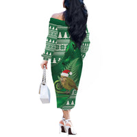 New Zealand Kakapo Christmas In July Off The Shoulder Long Sleeve Dress Silver Fern Santa Xmas Green Color LT22 - Polynesian Pride