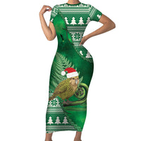 New Zealand Kakapo Christmas In July Short Sleeve Bodycon Dress Silver Fern Santa Xmas Green Color LT22 Long Dress Green - Polynesian Pride