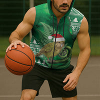 New Zealand Kakapo Christmas In July Sleeveless Zip Hoodie Silver Fern Santa Xmas Green Color LT22 - Polynesian Pride