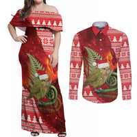 New Zealand Kakapo Christmas In July Couples Matching Off Shoulder Maxi Dress and Long Sleeve Button Shirt Silver Fern Santa Xmas Red Color LT22 Red - Polynesian Pride