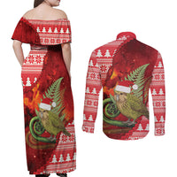 New Zealand Kakapo Christmas In July Couples Matching Off Shoulder Maxi Dress and Long Sleeve Button Shirt Silver Fern Santa Xmas Red Color LT22 - Polynesian Pride