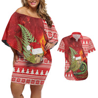 New Zealand Kakapo Christmas In July Couples Matching Off Shoulder Short Dress and Hawaiian Shirt Silver Fern Santa Xmas Red Color LT22 Red - Polynesian Pride