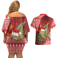 New Zealand Kakapo Christmas In July Couples Matching Off Shoulder Short Dress and Hawaiian Shirt Silver Fern Santa Xmas Red Color LT22 - Polynesian Pride