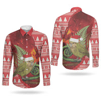 New Zealand Kakapo Christmas In July Couples Matching Off Shoulder Short Dress and Long Sleeve Button Shirt Silver Fern Santa Xmas Red Color LT22 - Polynesian Pride