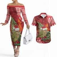 New Zealand Kakapo Christmas In July Couples Matching Off The Shoulder Long Sleeve Dress and Hawaiian Shirt Silver Fern Santa Xmas Red Color LT22 Red - Polynesian Pride