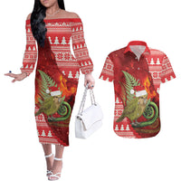 New Zealand Kakapo Christmas In July Couples Matching Off The Shoulder Long Sleeve Dress and Hawaiian Shirt Silver Fern Santa Xmas Red Color