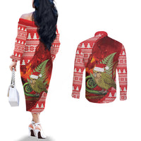 New Zealand Kakapo Christmas In July Couples Matching Off The Shoulder Long Sleeve Dress and Long Sleeve Button Shirt Silver Fern Santa Xmas Red Color LT22 - Polynesian Pride
