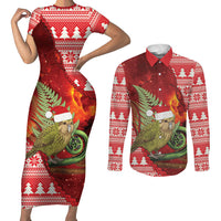 New Zealand Kakapo Christmas In July Couples Matching Short Sleeve Bodycon Dress and Long Sleeve Button Shirt Silver Fern Santa Xmas Red Color LT22 Red - Polynesian Pride