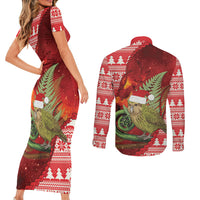 New Zealand Kakapo Christmas In July Couples Matching Short Sleeve Bodycon Dress and Long Sleeve Button Shirt Silver Fern Santa Xmas Red Color LT22 - Polynesian Pride