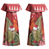 New Zealand Kakapo Christmas In July Family Matching Off Shoulder Maxi Dress and Hawaiian Shirt Silver Fern Santa Xmas Red Color LT22 Mom's Dress Red - Polynesian Pride