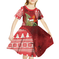 New Zealand Kakapo Christmas In July Kid Short Sleeve Dress Silver Fern Santa Xmas Red Color LT22 - Polynesian Pride