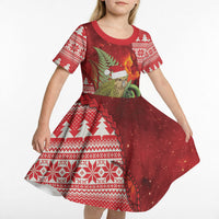 New Zealand Kakapo Christmas In July Kid Short Sleeve Dress Silver Fern Santa Xmas Red Color LT22 - Polynesian Pride