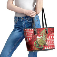 New Zealand Kakapo Christmas In July Leather Tote Bag Silver Fern Santa Xmas Red Color