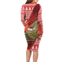 New Zealand Kakapo Christmas In July Long Sleeve Bodycon Dress Silver Fern Santa Xmas Red Color LT22 - Polynesian Pride