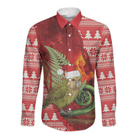 New Zealand Kakapo Christmas In July Long Sleeve Button Shirt Silver Fern Santa Xmas Red Color LT22 Unisex Red - Polynesian Pride