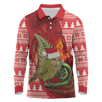 New Zealand Kakapo Christmas In July Long Sleeve Polo Shirt Silver Fern Santa Xmas Red Color LT22 Red - Polynesian Pride