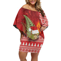 New Zealand Kakapo Christmas In July Off Shoulder Short Dress Silver Fern Santa Xmas Red Color LT22 Women Red - Polynesian Pride