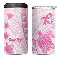 Breast Cancer Awareness Personalised 4 in 1 Can Cooler Tumbler Pink Ribbon Turtle Polynesian Pattern White