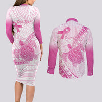 Breast Cancer Awareness Personalised Couples Matching Long Sleeve Bodycon Dress and Long Sleeve Button Shirt Pink Ribbon Turtle Polynesian Pattern White