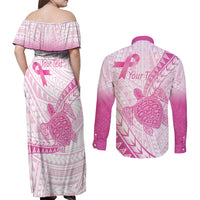 Breast Cancer Awareness Personalised Couples Matching Off Shoulder Maxi Dress and Long Sleeve Button Shirt Pink Ribbon Turtle Polynesian Pattern White